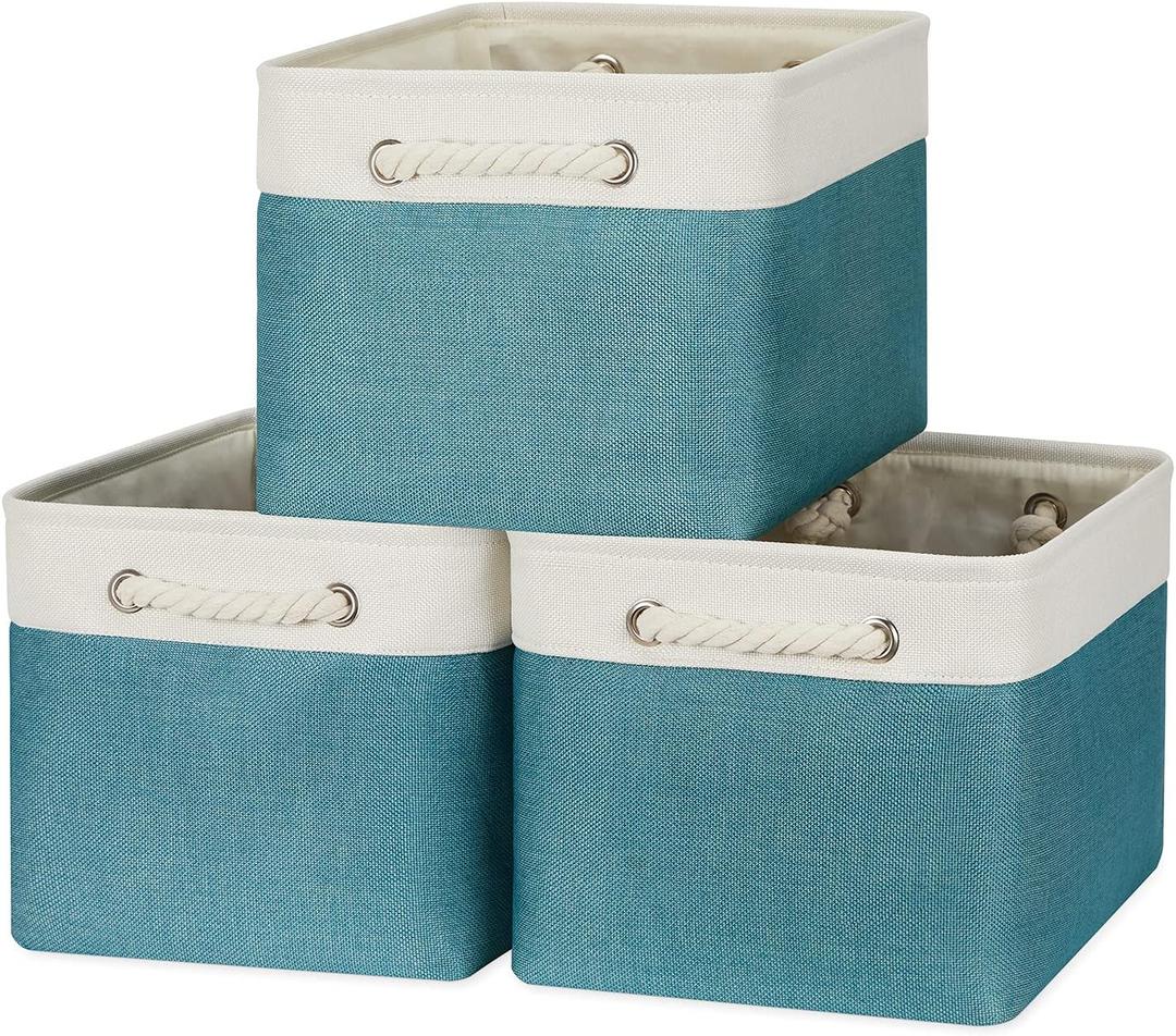 Bidtakay Basket Storage Bins with Handles Fabric Large Storage Baskets for Organizing Set of 3 Collapsible Rectangular Basket for Shelves Closet Organizer 15 X 11 X 9.5 Inches(White&Teal Blue)
