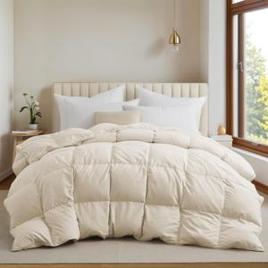 UNIKOME Goose Feather Down Comforter - All Season Duvet Insert with Soft Downproof Cover, Cloud-Like Fluffiness Down Feather Comforters (Full/Queen, Cream, 88"X88") (01 Lightweight Warmth-Cream)