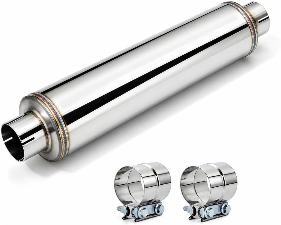 4" Inlet Diesel Muffler Exhaust with Clamp, Straight Through Stainless Steel, 7" x 24" Body, 30" OAL, Clamp-On Installation, No Welding Required