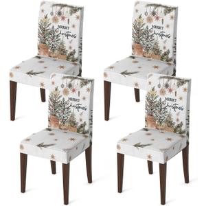 Horaldaily 4PCS Christmas Dining Chair Covers, Christmas Trees Ball Ornaments Stretch Removable Washable Slipcover Chair Protector for Dining Room Home Decor (White)