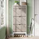 GarveeHome Shoe Cabinet with 3 Flip Doors & 1 Drawer, Entrance Wooden Shoe Rack with Iron Legs, Slim Shoe Storage Cabinet, Modern Fluted Shoe Organizer for Entryway Hallway, White+Grey