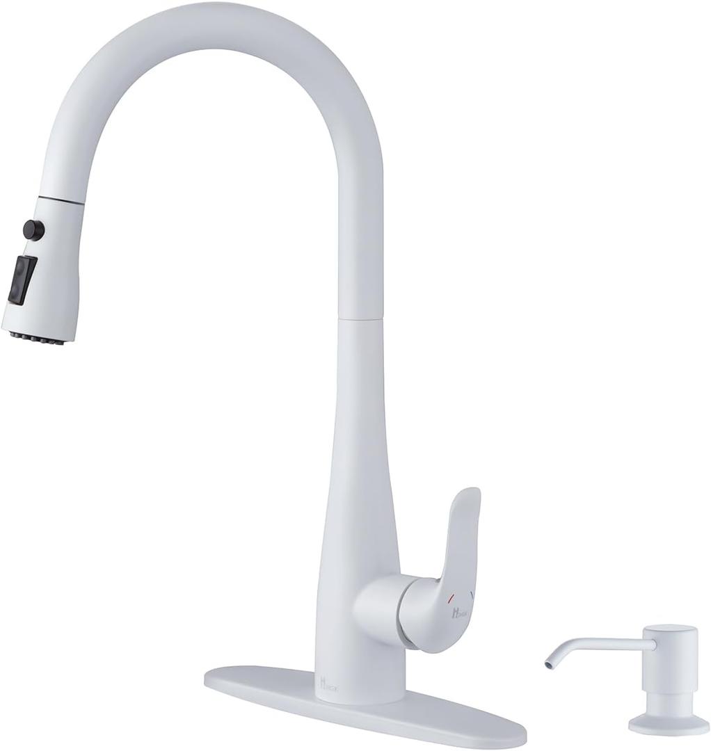 Kitchen Faucet with Soap Dispenser and Pull Down Sprayer - Stainless Steel Single Handle Kitchen Sink Faucet, 1 or 3 Hole Design for Modern Farmhouse Kitchens, Rv, and Bar Sinks(White)