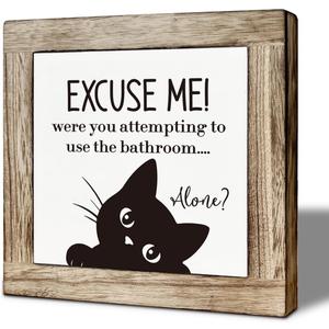 Funny Bathrooms Decor, Cats Lover Decoration for the Home, Novelty Humorous Bathroom Decor, Rustic Farmhouse Wooden Table Signs, Cat Mom Gift, Funny Cat Saying Sign 5.95.9 inches