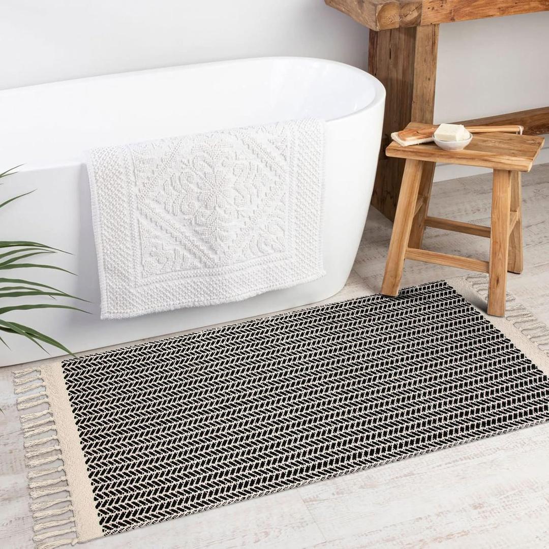 Lahome Boho Kitchen Runner, 2x4.3 Bathroom Runner Rugs Lightweight Entryway Rug Woven Cotton Throw Mat with Tassels, Farmhouse Non Shedding Washable Black Rug Low Pile Runners for Bedroom Doorway