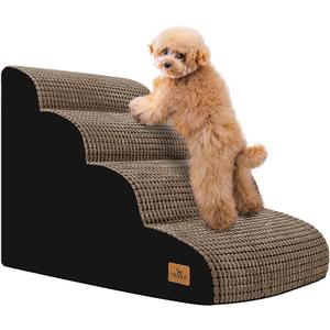 Dog Srairs for Small Dogs, 4-Step Dog Ramp for High Beds and Couch, Foam Dog Stairs with Durable Non-Slip Waterproof Fabric Cover, Brown Pet Stairs for Pets Joint (28.6 X 15.7 X 20.5)