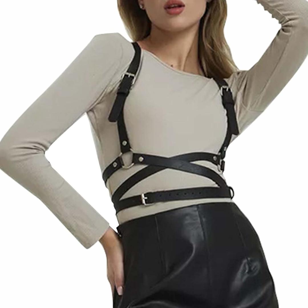 Gothic Leather Waist Harness Belt for Women - Adjustable Chest Vest Body Harness Chains Top for Party, Nightclub, Dating (Black)
