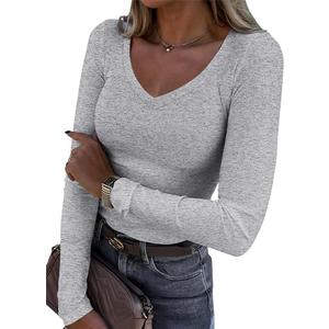 Roselux Womens Long Sleeve V Neck Ribbed Knit Fitted Casual Tops Tee Slim Basic Shirt, Small