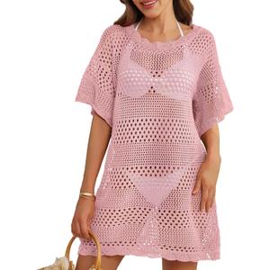HRUTANE Women Swimsuit Coverup Crochet Bathing Suit Beach Cover Ups Summer Knit Bikini Beachwear Pullover 2025 Swimwear Dress (Medium, Pink)