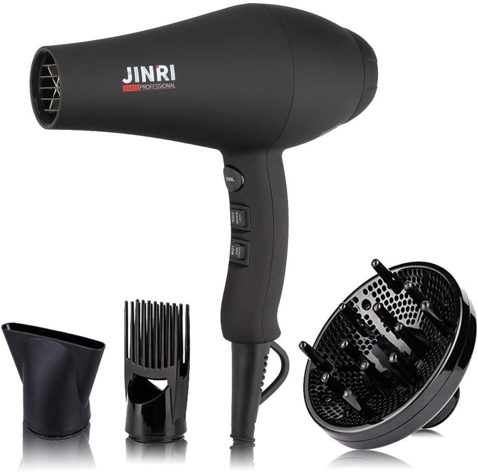 JINRI Hair Dryer, 1875W, 3 Heat & 2 Speed, with Diffuser, with Concentrator, Ionic Technology & Infrared - Black, Detachable Air Intake, Hanging Strap, Non-Foldable, 125V, JINRI-104