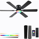 56" RGB Ceiling Fans with Lights - App & Remote Control, Quiet Reversible DC Motor, Flush Mount Double-sided Blades, 3CCT Dimmable, Smart Low Profile Ceiling Fan for Bedroom Kids Room（Black）