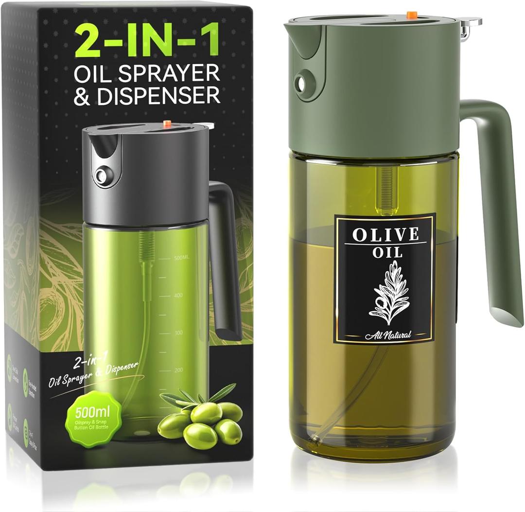 2-IN-1 500ml/17oz Light-Blocking Dark Oil Sprayer for Cooking W/Stickers, Dark Green Glass Olive Oil Dispenser Bottle for Kitchen, Even Spray with Portion Control, Perfect for Air Fryer, BBQ -Green