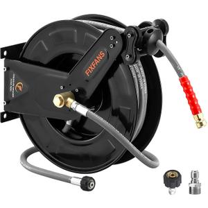 FIXFANS Pressure Washer Hose Reel with Hose for Hot and Cold Water, 3/8" X 50 FT Steel Auto-Retractable High Power Wash Hose Reel, Heavy Duty Hose Reel - Wire Braided Hose 4000 PSI, Black
