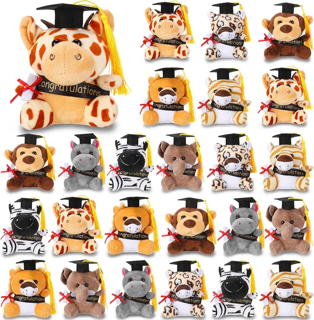 24 Pcs Mini Graduation Stuffed Forest Animals Bulk Congrats Grad Jungle Animal 4.8 Inch Lovely Toys Lion Tiger Elephant Giraffe Plush for 2026 Graduation Party Favor Decoration Classroom Exchange Gift