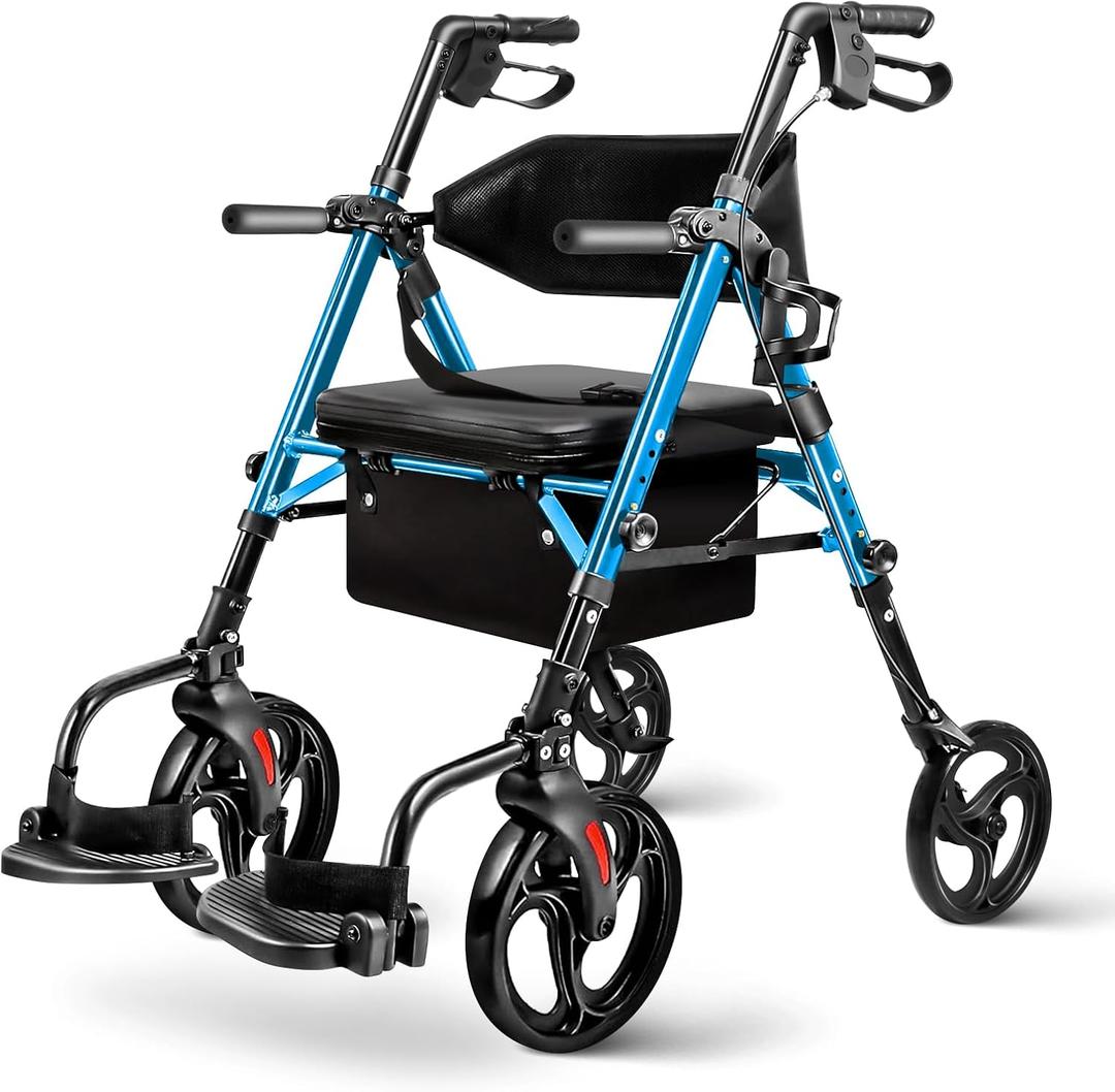 Foldable 2-in-1 Rollator Walker for Seniors with Seat, Lightweight Transport Wheelchair Combo 300 lbs Capacity, All-Terrain Tires, Anti-Tip Brakes, Adjustable Height 33.5"-40" (13 - Sky Blue (10" Front and 8" Rear Wheel))