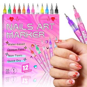 Nail Pens for Nail Art,3D Nail Polish Markers for Gel Nails 12 Colors Valentines Graffiti Dotting Pen 0.5mm Acrylic Paint Pens Drawing Painting Lines Pen for DIY Nail Art Pens Set Manicure Tools