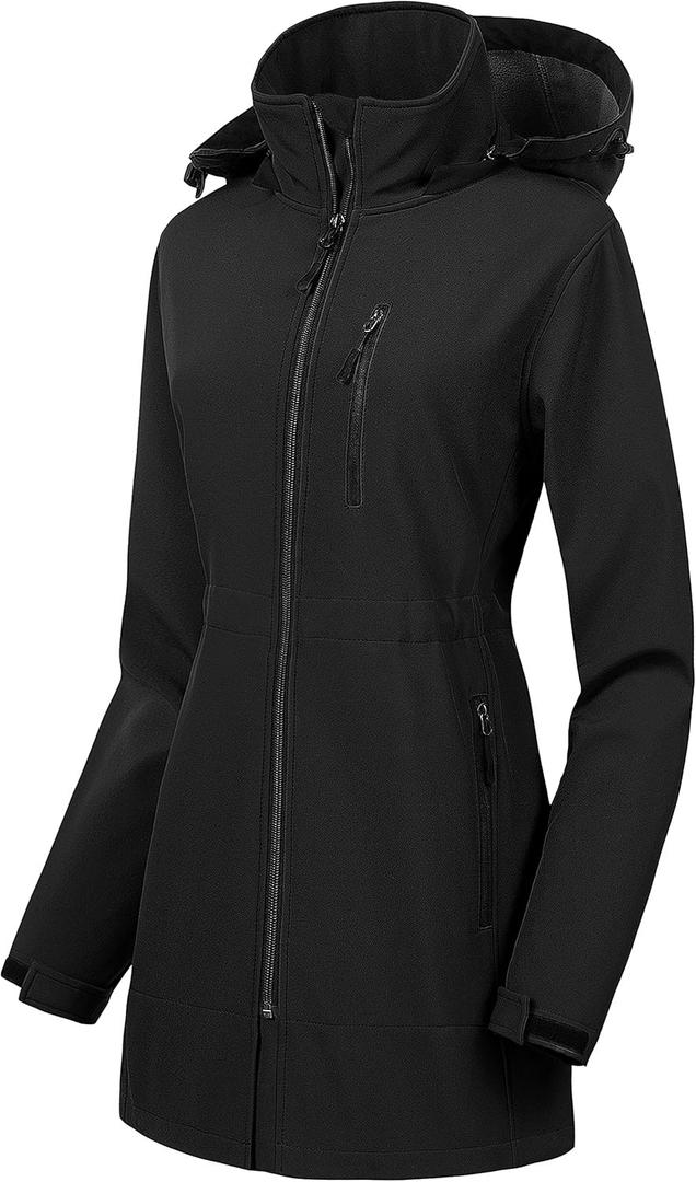 CREATMO US Women's Lightweight Waterproof Long Softshell Tactical Jacket Fleece Lined Windbreaker (XX-Large, Black)