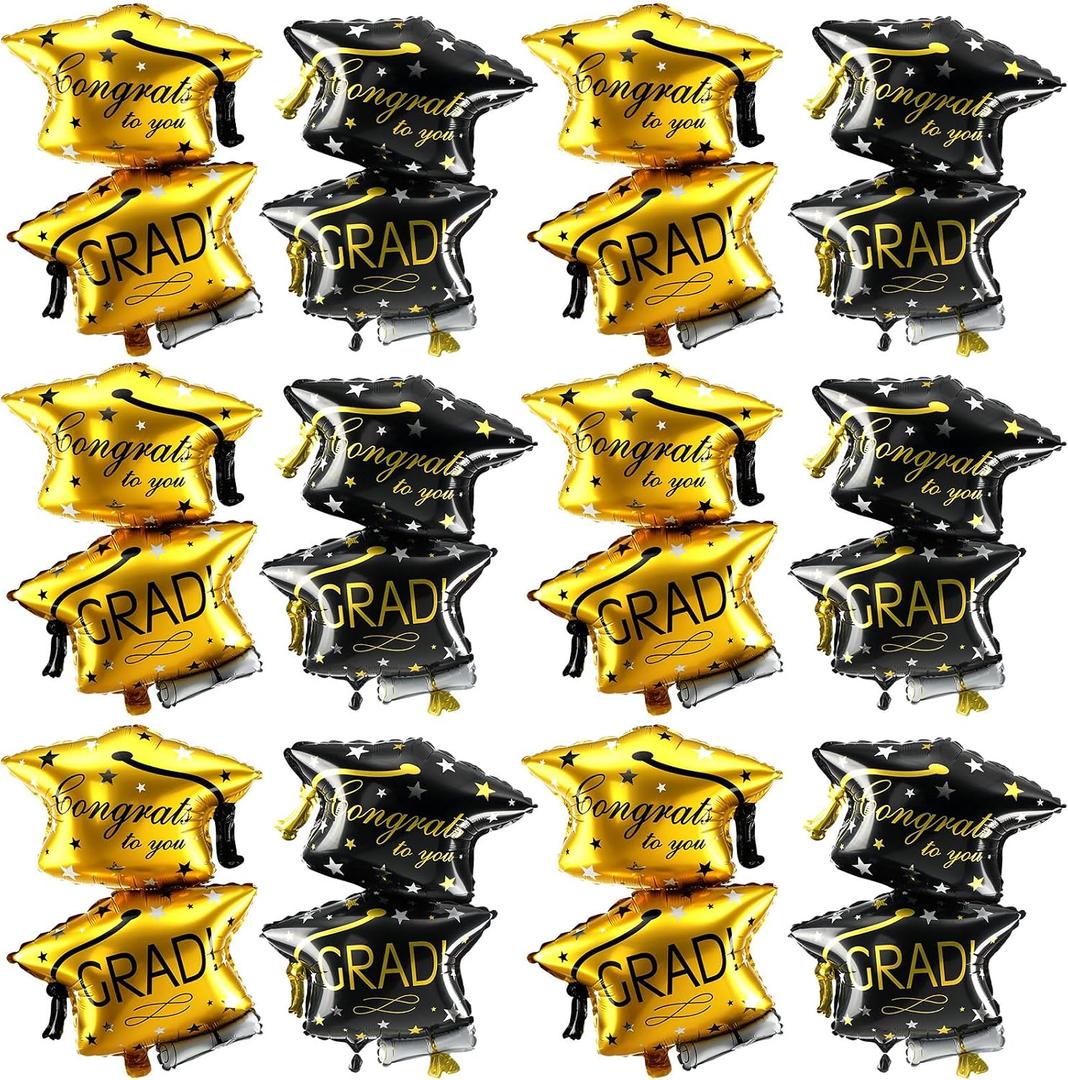 12 Pieces Black and Gold Graduation Hat Balloon 32 Inches Congrats Grad Cap Foil Balloons for Class of 2026 Party Decorations Supplies