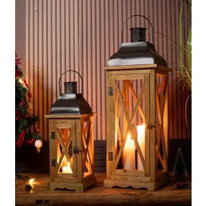 Farmhouse Wooden Metal Candle Lantern Set of 2, Rustic Large Decorative Floor Lanterns, Indoor/Outdoor Hurricane Lantern for Home Decor (No Glass) (Brown)