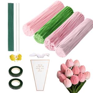 400 Pcs Pipe Cleaners Craft Flower kit with Wrapping Paper, 5 Assorted Colors Pipe Cleaners Bulk, Chenille Stems for DIY Flower Making Kit with Flower Stems, Tape, Glue Sticks, Stamen, Ribbon (Pink)