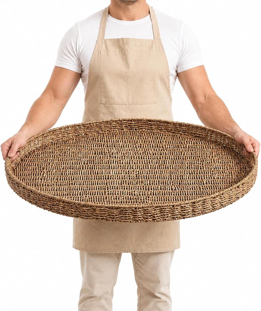 Extra Large Round Wicker Tray with Handles 26.77 Inches Round Rattan Tray Handwoven Seagrass Wicker Table Basket for Farmhouse Decorative Oversized Coffee Table Living Room Organizer