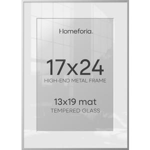 17x24 Silver Picture Frame, High-End Metal, 13x19 Mat, Glass | High End Aluminum, Tempered Glass, Acid-Free 13x19 Removable Mat, 17x24 in Edge-to-Edge Display 24x17, Wall Kit, Set Of 1