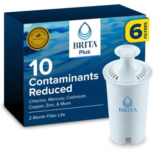 Brita Plus Water Filter, BPA-Free, High-Density Replacement Filter for Pitchers and Dispensers, Reduces 2x Contaminants*, Lasts Two Months or 40 Gallons, Includes 6 Filters