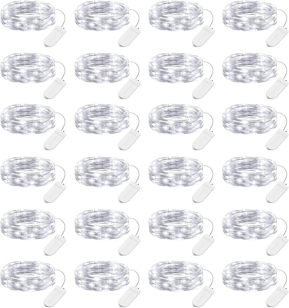 Brightown 24 Pack LED Fairy Lights Battery Operated 7 ft 20 LED String Light Waterproof Silver Wire Firefly Starry Lights for Crafts Wedding Party Bedroom (White)