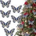 6Pcs Artificial Velvet Glitter Butterflies Clip-On Christmas Decorative Ornaments for Xmas Tree Decoration Crafts Wreath Festive Holiday Wedding Party Home Decor, 5.9 x 3.15 Inch (6, Blue)