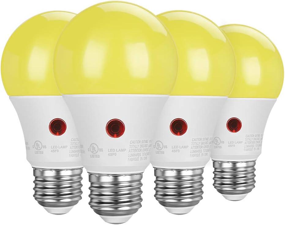 DEWENWILS A19 Dusk to Dawn LED Outdoor Light Bulb, Yellow Bug Light Bulbs for Outside, 2000K Amber Glow, 9W Equivalent 60W, E26 Base, LED Amber Light Bulbs for Porch, Patio, Backyard, 4 Pack UL Listed
