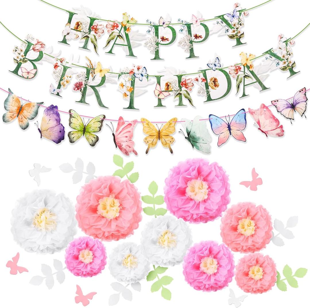 Fullhawl 24 Pcs Flower Birthday Banners Wildflower Spring Decorations Include Floral and Butterflies Birthday Letters and Paper Flowers with Butterfly and Leaves for Spring Garden Party Decorations