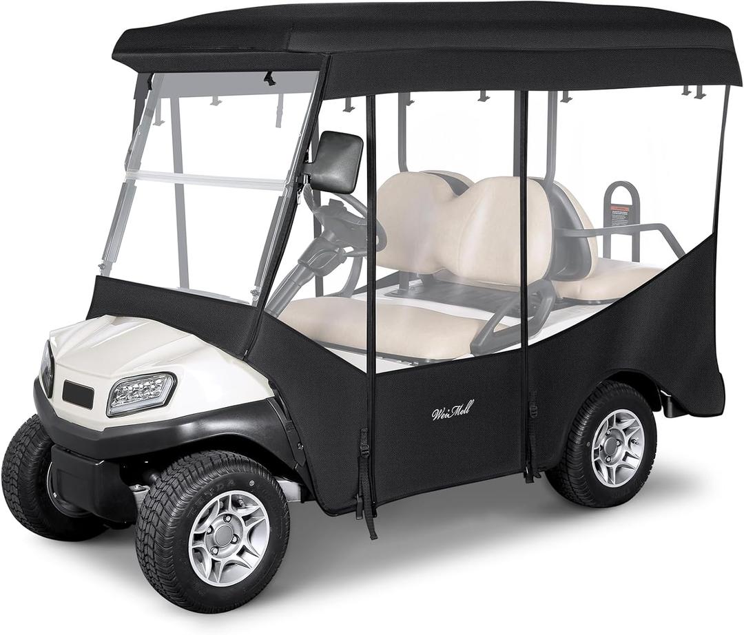 Golf Cart Enclosure 4 Passenger for Club Car Tempo Onward Precedent Extended Roof 88" 4-Seater 600D Waterproof Transparent Driving Rain Cover with 4-Sided Clear Windows Roll-up Door Black