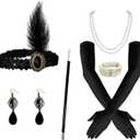 1920s Flapper Headpiece Roaring 20s Headband Fascinators Feather Hair Accessories Tea Party Hat Dress up (Black - Flapper Costume Accessories Kit 6pcs)