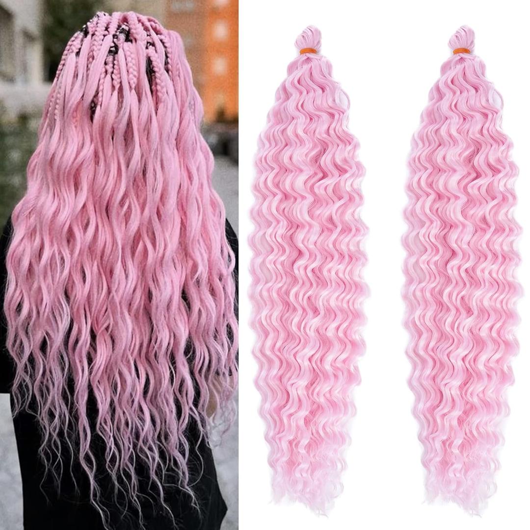 Deep Wave Crochet Hair Light Pink Bohemian Curly Ocean Wave Wavy Braiding Hair for Black Women 24 Inch Synthetic Pink Boho Hair for Braiding Soft Curls for Boho Braids Extensions