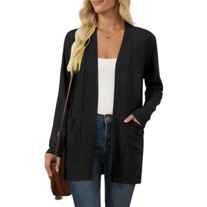 Women's Long Sleeve Cardigan Lightweight Casual Open Front Cardigans with Pockets (Medium, Black)