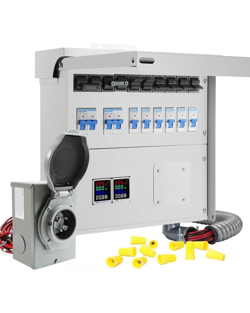 50A 10 Circuit Transfer Switch Kit with 2 Digital Display Energy Meter with SS2-50p Optional Power Inlet, IP 67 Waterproof, Pre-Wired, Transfer Switch Suitable for Indoor and Outdoor Use 