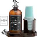 Amber Glass Mouthwash Dispenser with Cup Holder for Bathroom, 16oz Refillable Mouthwash Bottles Container with Tray, Funnel and 2 Waterproof Labels