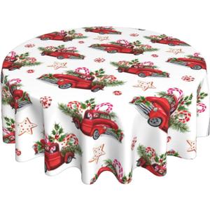 Christmas Red Truck Tablecloth Winter Fir Branch Xmas Star Candy Cane Round Tablecloths Circular Table Cover Cloths Washable Polyester Tabletop Runner for Kitchen Party Picnic Dining Decor 60 Inch