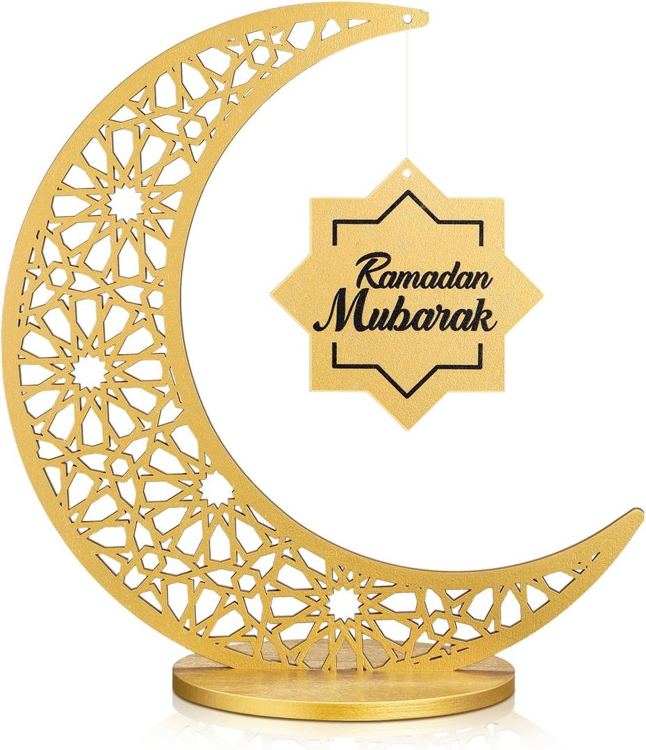 DoubleFill Golden Wooden Ramadan Table Centerpiece Crescent Moon Hollow Star Ornament for Ramadan Decor Islamic Gifts