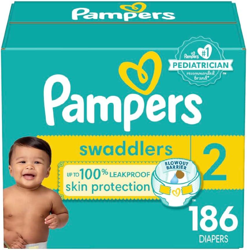 Pampers Swaddlers Diapers, Size 2 (10-22 lbs), 186 Count, Absorbent, Keeps Baby Dry and Comfortable, Skin Safe Disposable Baby Diaper 
