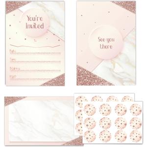 Decor365 12 Set Glitter Rose Gold Party Invitations Neutral Card with Envelops and Stickers Girls Birhtday Invites Wedding Invitates Sweet 16 Bridal Shower Anniversary Baby Shower Party Supplies