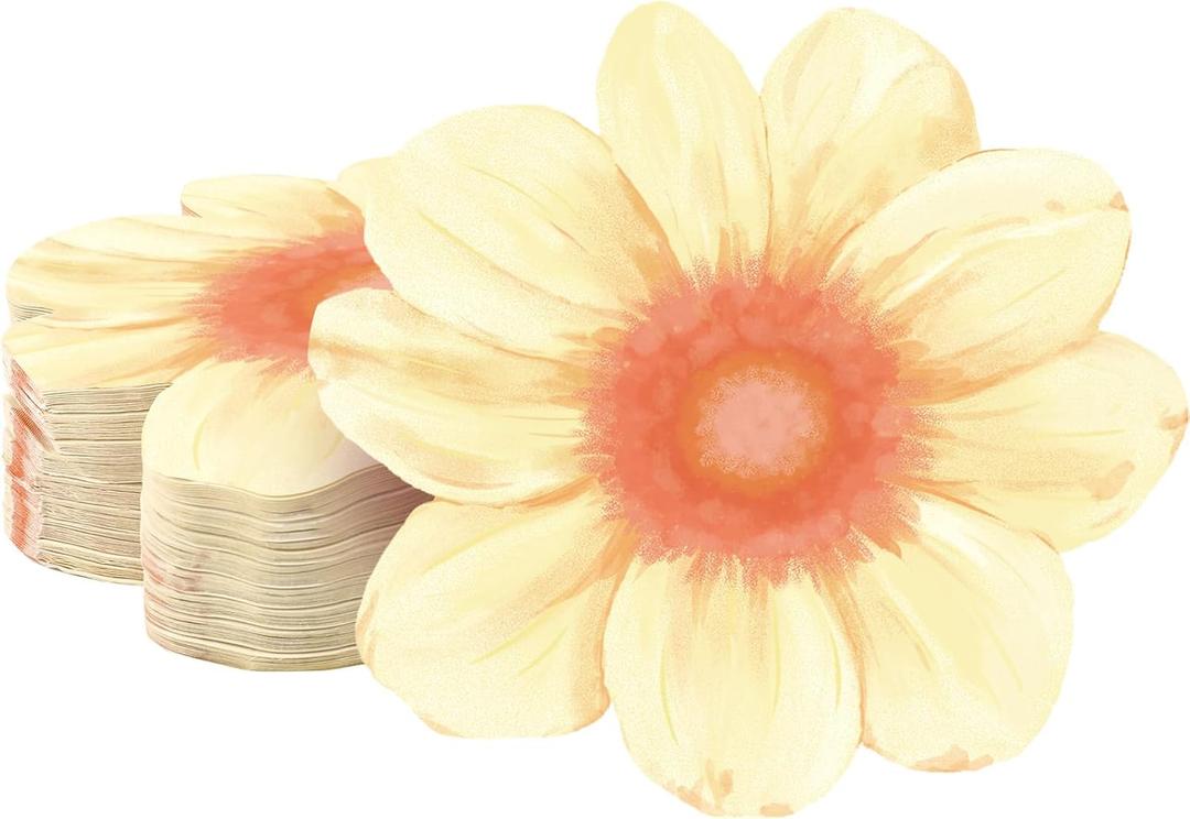 Qilery 100 Pcs Decorative Floral Paper Napkins Disposable Flower Shaped Cocktail Napkins for Bridal Baby Shower Wedding Birthday Summer Dinner Party Tableware Decor(Light Yellow)