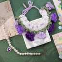 2Pack Knitted Cat Collar, Purple Knit Bib + Pearl Necklace
