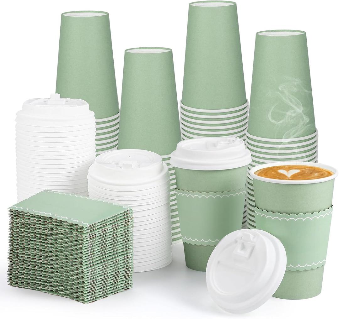60 Pack Sage Green Coffee Cups with Lids Sleeves, 12oz Insulated To Go Paper Cups Sage Green Party Cups Disposable Easter Paper Cups, Drinking Cups for Wedding Birthday Baby Shower Party Supplies