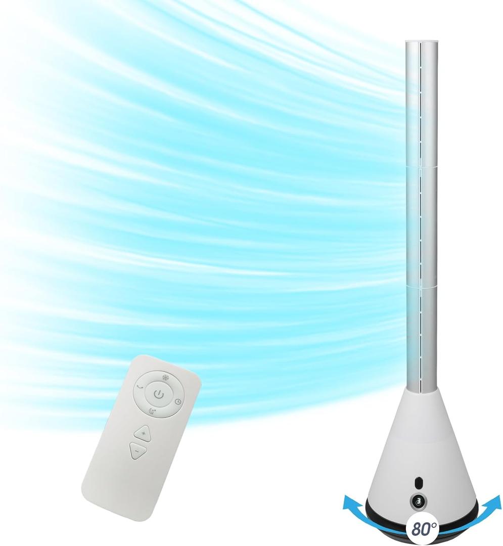 Bladeless Tower Fan with Remote, 80 Oscillating Air Circulator Fan, 9 Speeds, 8H Timer, Floor Fan for Home Bedroom, Kitchen, Living Room, Office