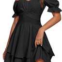 LYANER Women's Tie Back Off Shoulder Wrap Layer Ruffle A Line Short Sleeve Casual Mini Dress (Black) XL