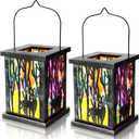 Honoson 2 Pcs Christmas Lanterns Decorative with LED String Lights Metal Hanging Xmas Vintage Lantern with Red Ribbon Berry for Indoor Outdoor Xmas Home Porch Party Decor(Deer)