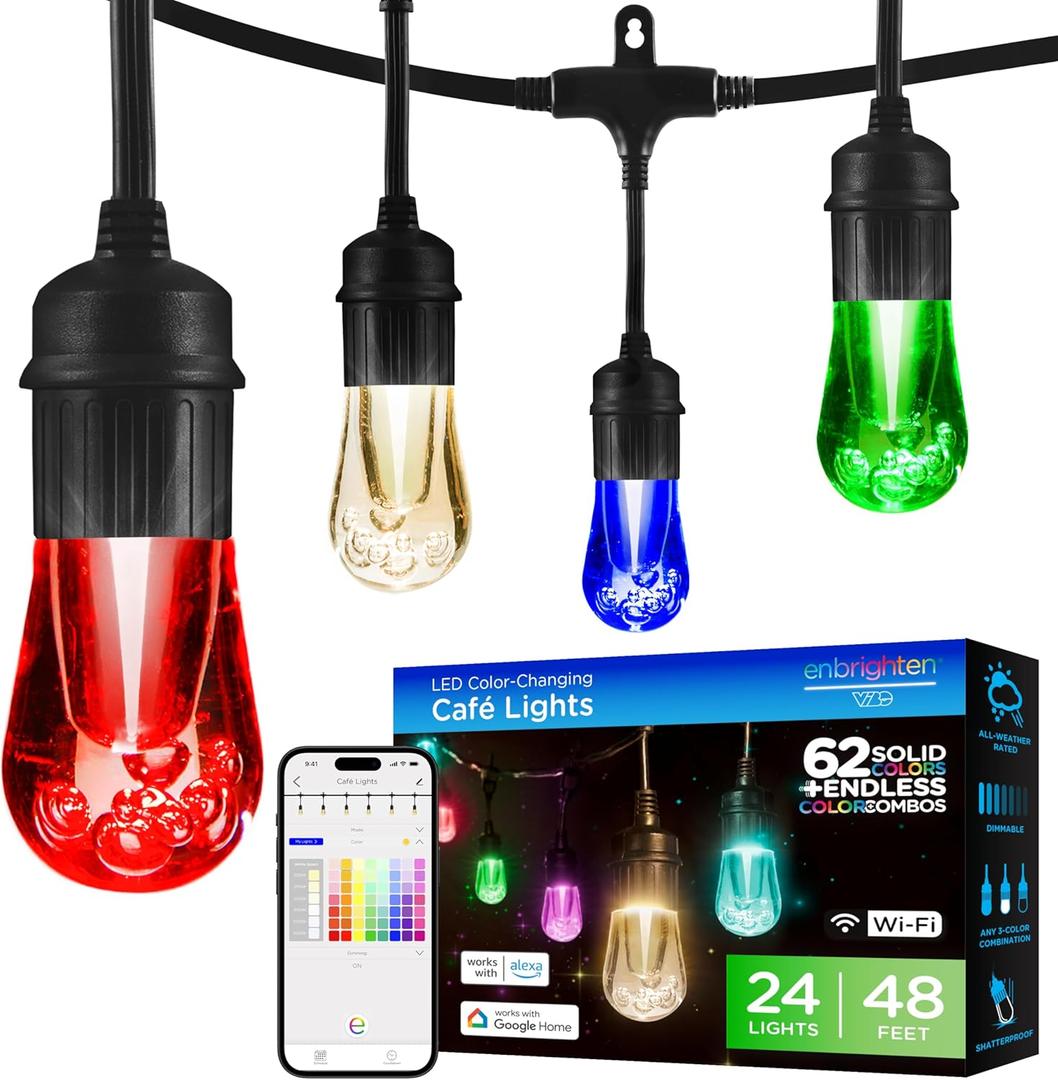 Enbrighten LED Wi-Fi Smart Vintage Caf Lights, 48ft, Multicolored/White, Patio, Backyard, Deck, Porch, Outdoor Lighting, Various Color Options, Smart Control, Bluetooth, Vintage Bulbs, 57415