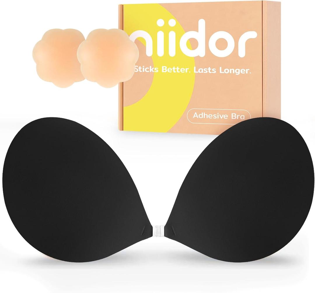 Niidor Adhesive Bra Strapless Ultra Sticky Invisible Push up Silicone Bra Multiple Colors Sizes Reusable for Backless Dress (Black)