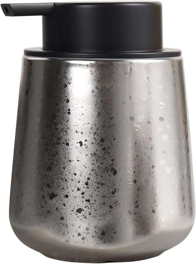 INGOFIN Ceramic Lotion Dispenser - 12oz Refillable Hand Dispenser Bathroom, Modern Liquid Soap Dispenser with Pump, Dish Soap Dispenser for Kitchen, Silver
