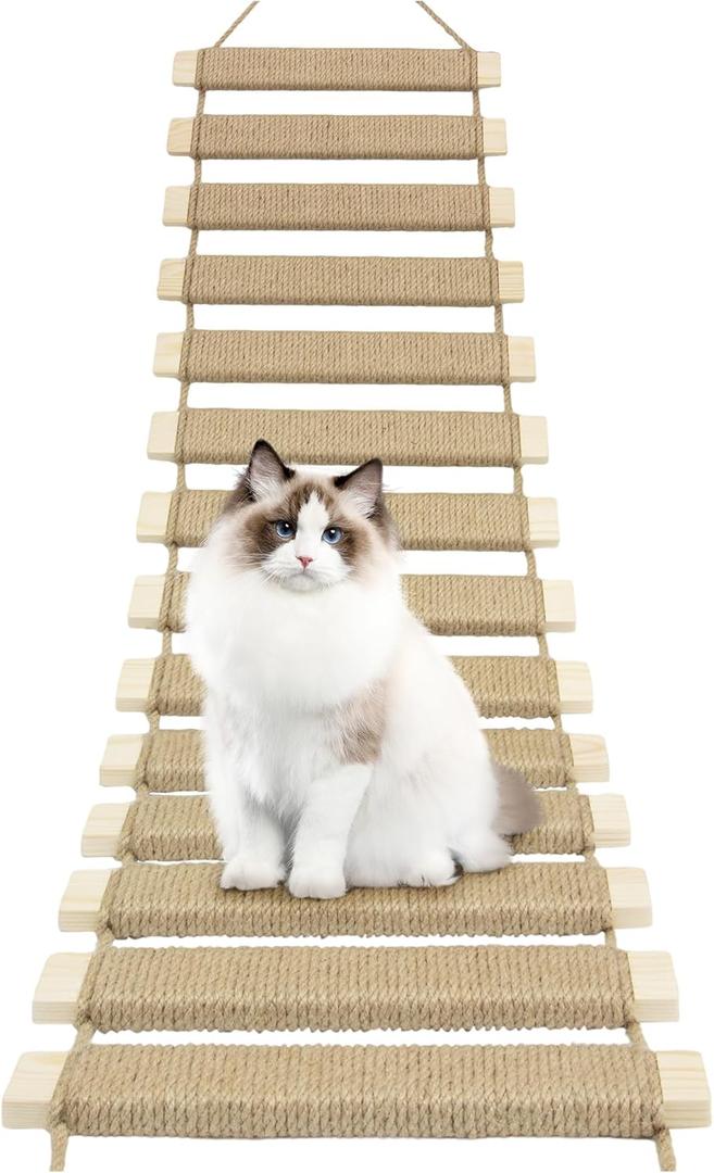 40in Cat Climbing Ladder & Bridge - Multi-Functional DIY Cat Wall Furniture with Sisal Rope for Indoor/Outdoor Cats, Parrots, and Small Pets (Wood Tone, L-40in)